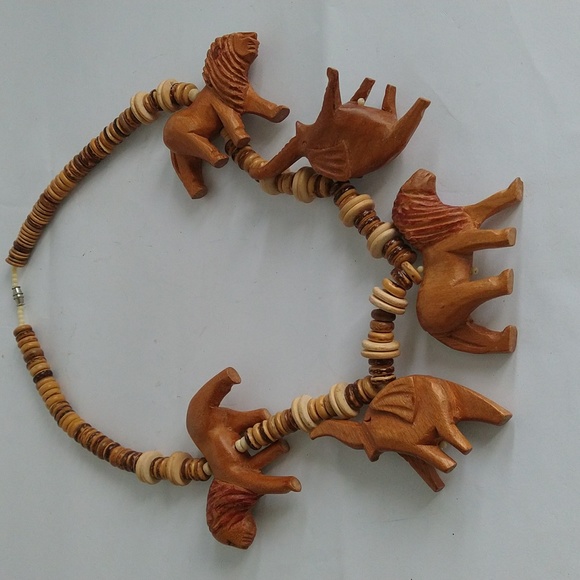 Vintage African Tribal Animal Safari Folk Art Long Necklace Carved Wood - Picture 7 of 7